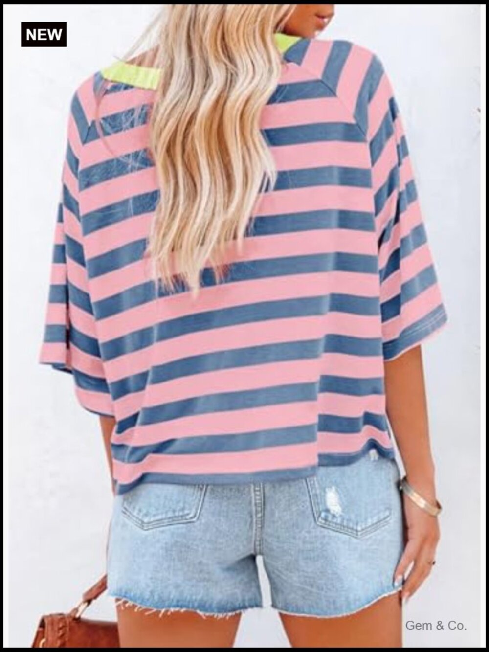 Striped Loose Fit V-Neck T-Shirt Short Sleeve Essential Top - Picture 5 of 6